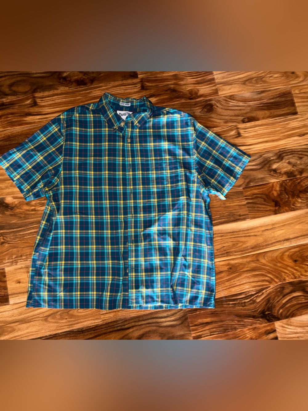 Duluth Trading Co Teal and Yellow Plaid Short Sleeve Shirt
